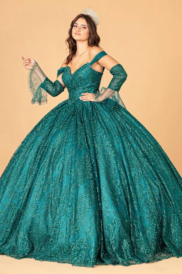 Jewel Mesh Quinceanera Dress w/ Mini Bag and Separate Long Sleeves by Tux-USA