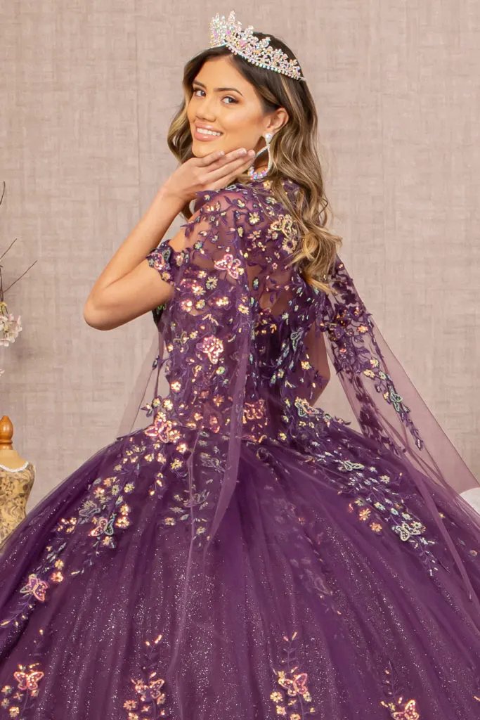3-D Butterfly Sheer Bodice Quinceanera Gown w/ Long Mesh Cape by Tux-USA
