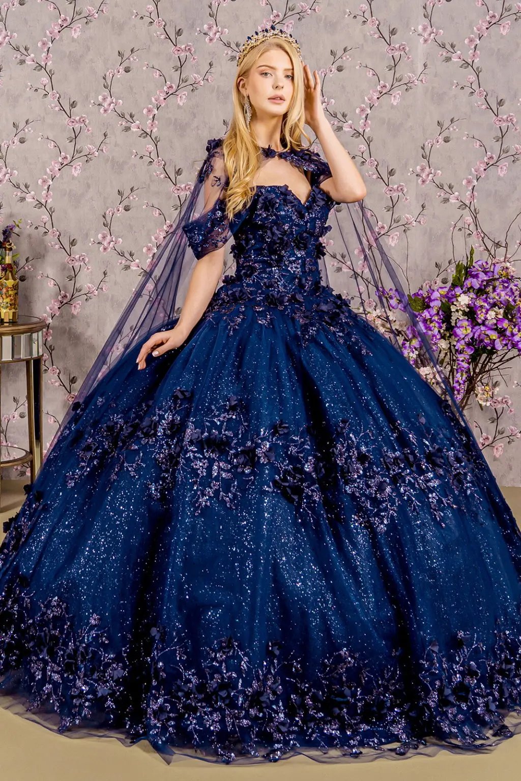 Glitter 3-D Flower Applique Mesh Quinceanera Gown w/ Long Mesh Cape by Tux-USA