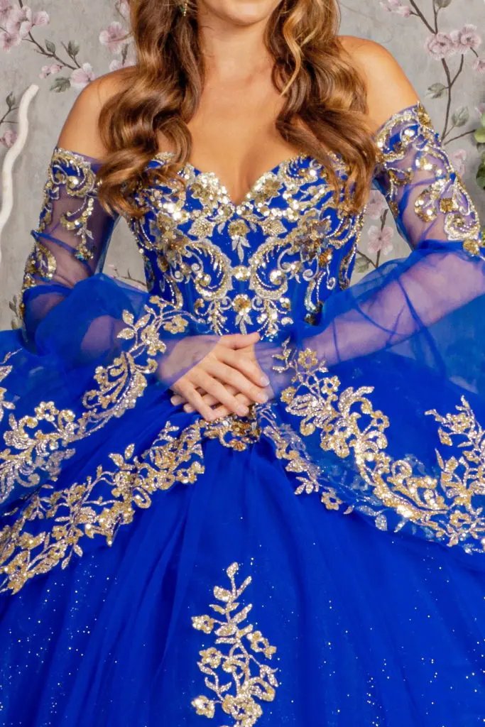 Gold Sequin Off Shoulder Mesh Ball Gown w/ Detachable Long Sleeves by Tux-USA