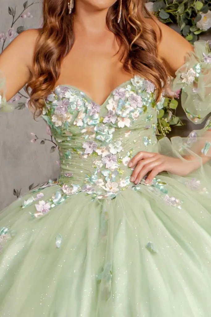 3-D Flower Ruched Bodice Mesh Ball Gown w/ Long Puff Sleeves by Tux-USA