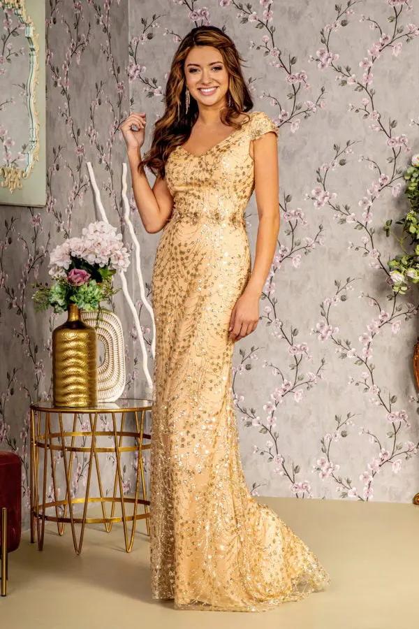 3-D Flower Glitter Sheer Neckline Mesh Mermaid Long Dress by Tux-USA