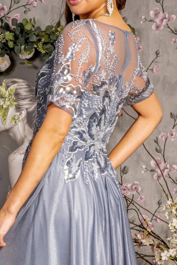 Metallic Embroidery Sheer Neckline Glitter Crepe A-line Long Dress by Tux-USA