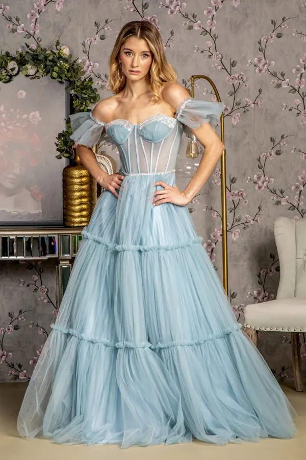 Sequin Bead Sheer Bodice Off Shoulder Mesh A-line Long Dress by Tux-USA
