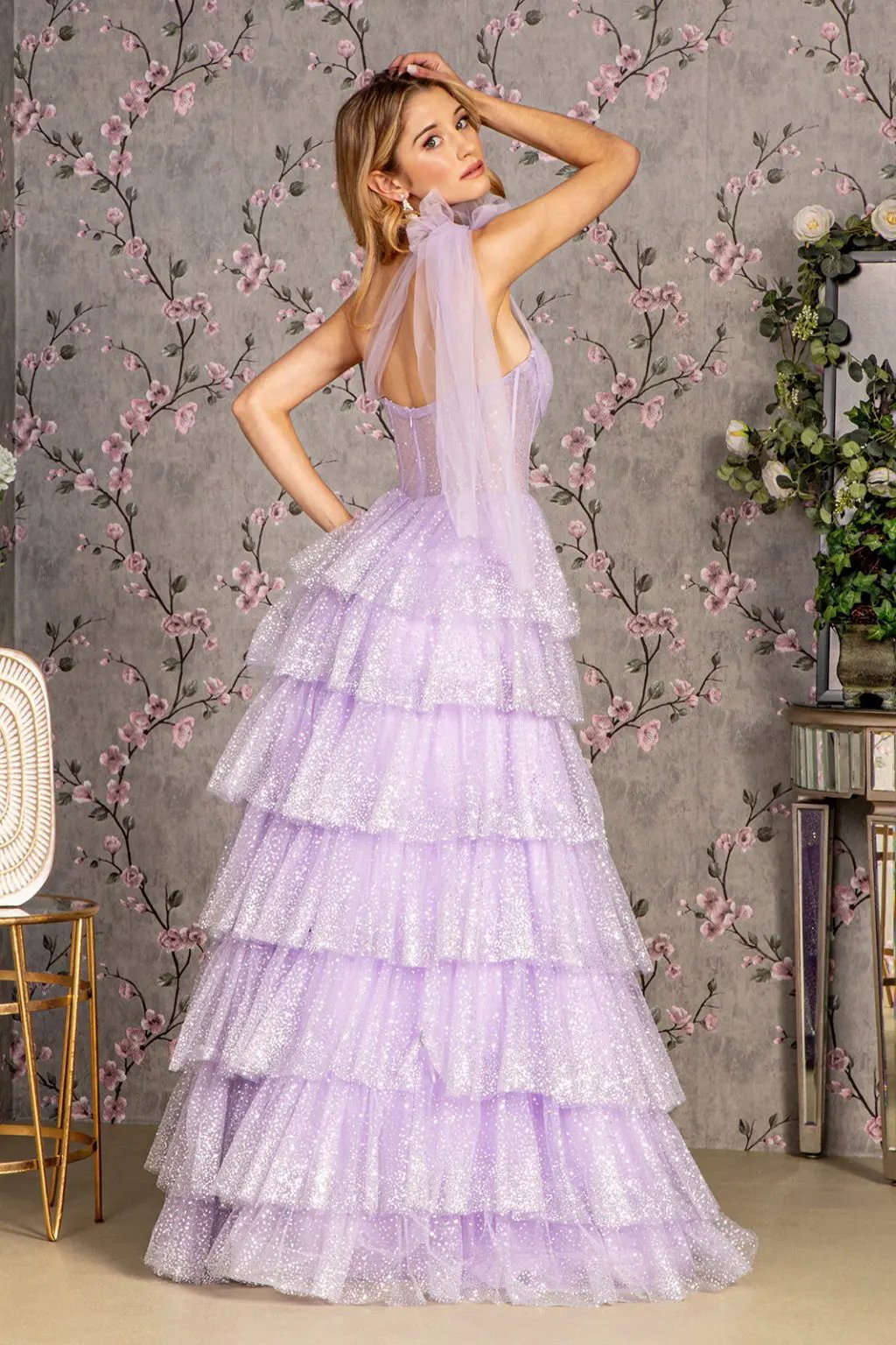 Glitter Sheer Bodice Ribbon Straps Ruffled Skirt Mesh A-line Long Dress by Tux-USA
