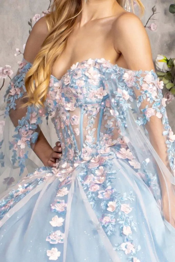 3-D Flower Sheer Bodice Mesh Ball Gown w/ Side Mesh Long Drapes by Tux-USA