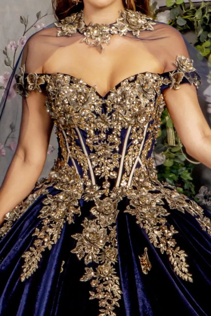 Metallic Embroidery Jewel Velvet Ball Gown w/ Long Mesh Cape by Tux-USA
