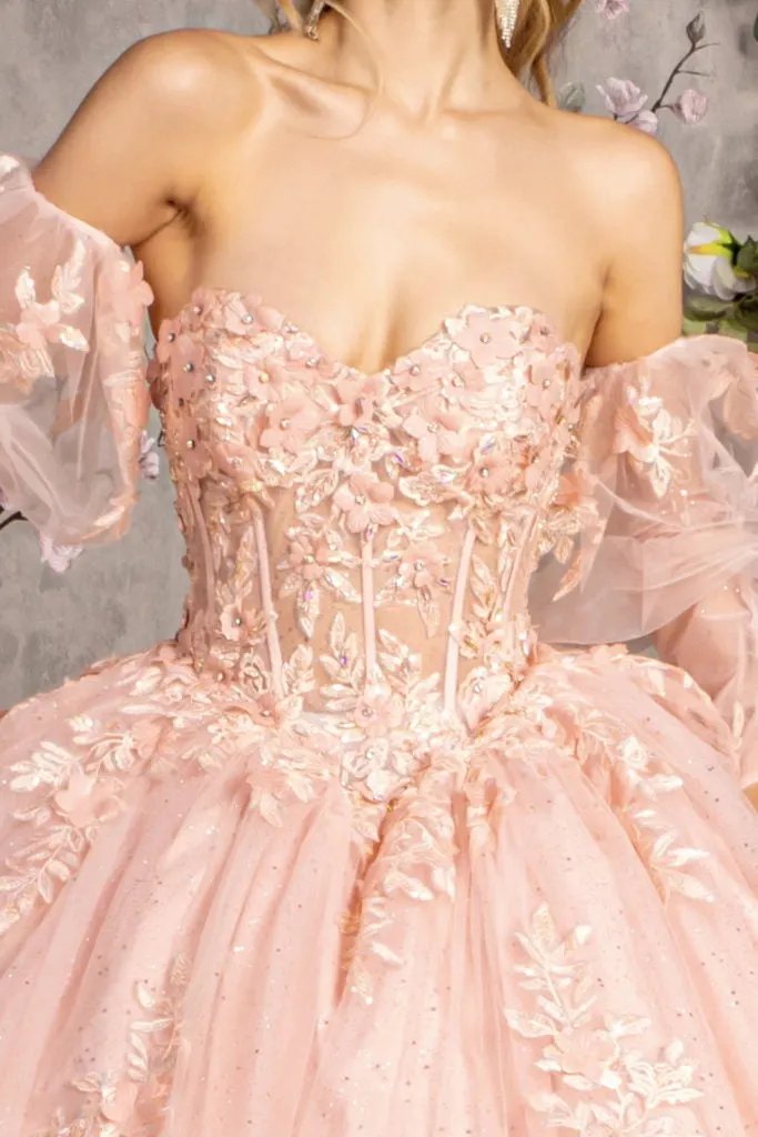 Glitter Embroidery Sheer Bodice Mesh Ball Gown w/ Long Puff Sleeves by Tux-USA