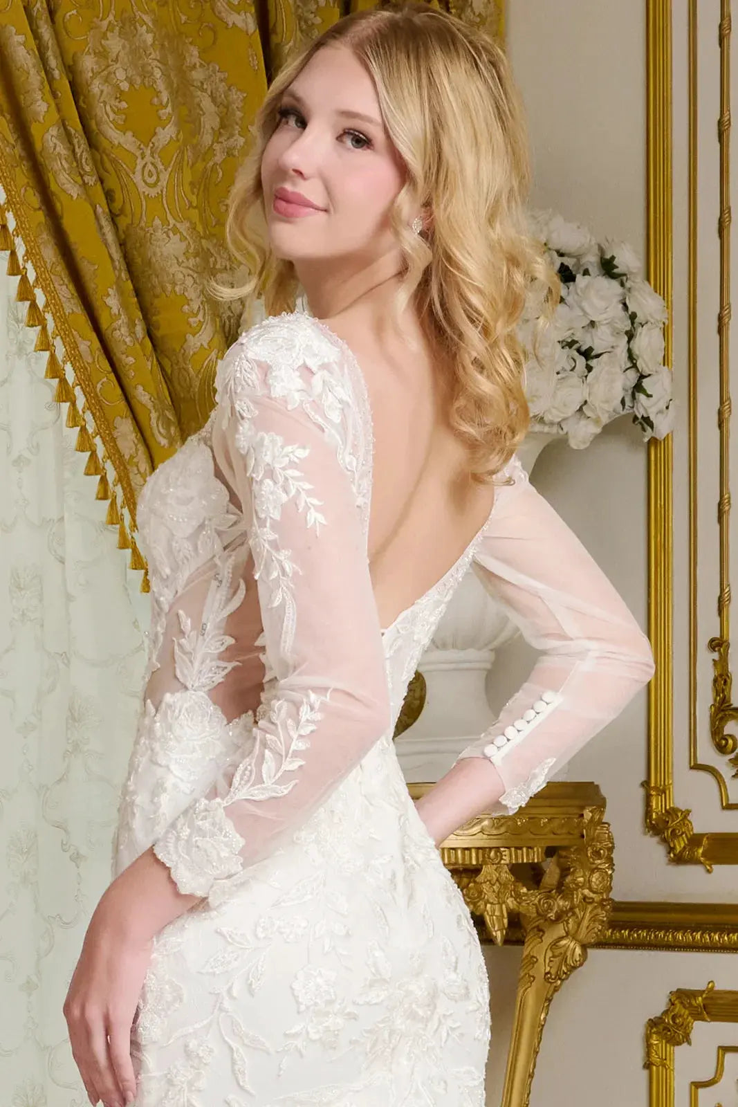 Wedding Gown, V-Neckline And Sheer Long Sleeves, With Beads, Embroidery, And Sequins. by Tux-USA