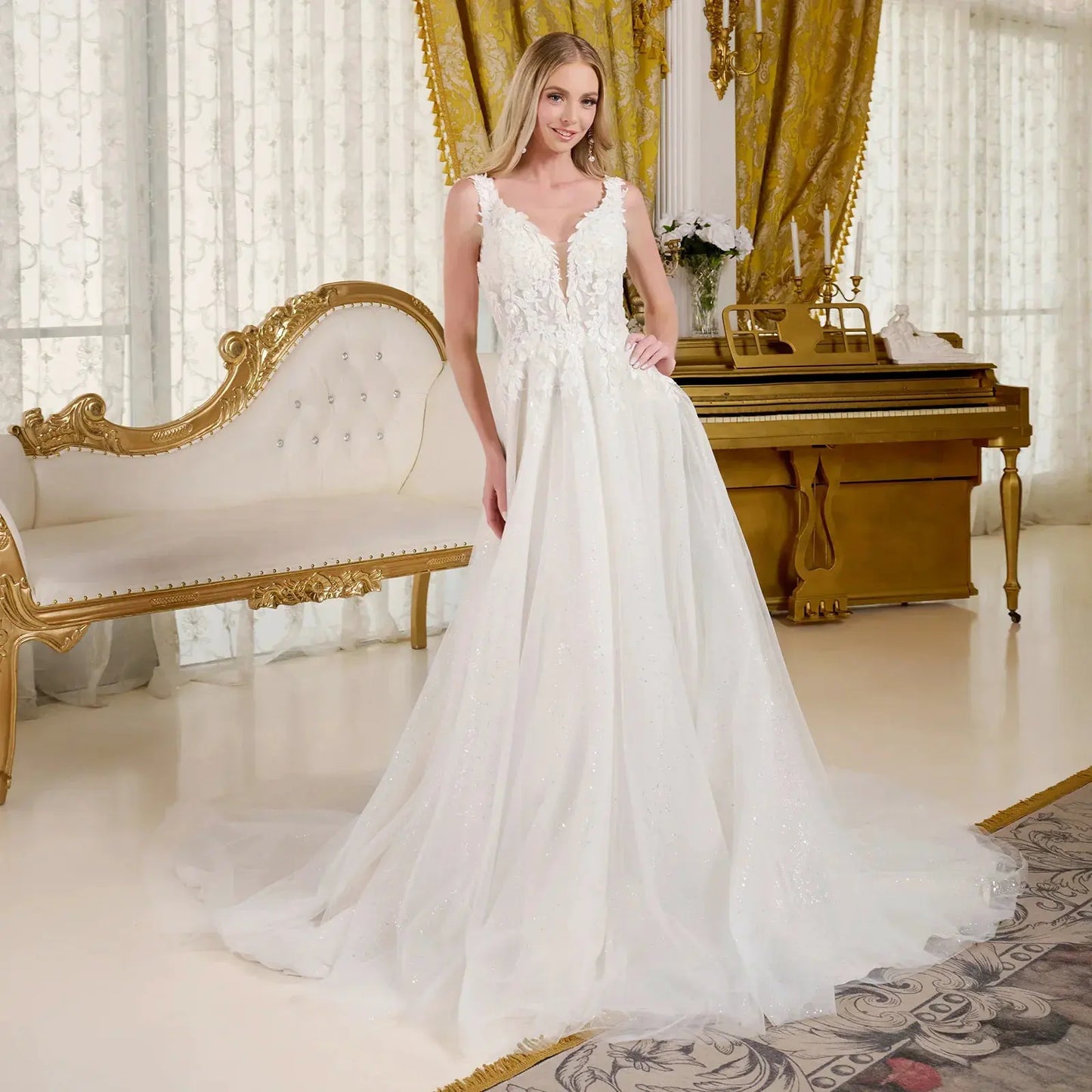 A-Line Wedding Dress, Fitted Bodice With Straps Adorned With Beads, Embroidery And Glitter by Tux-USA