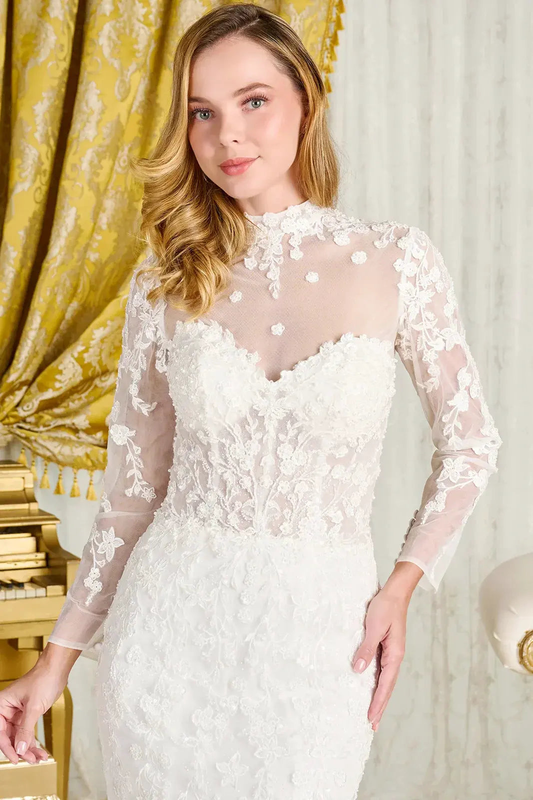Wedding Dress With Trumpet Cut, Detachable Sheer High Neck Top And Long Sleeves by Tux-USA