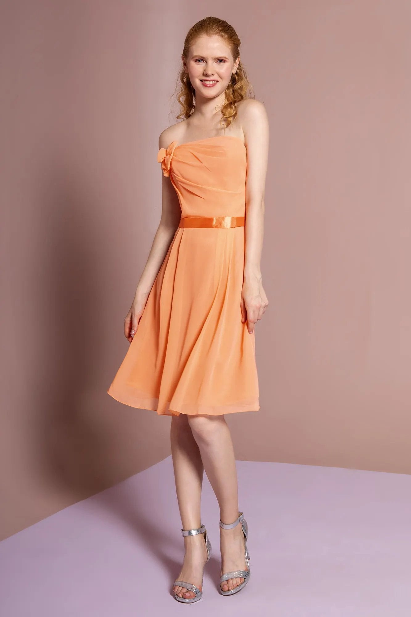 Strapless Chiffon Short Dress with Floral Accent and Satin Waistband by Tux-USA