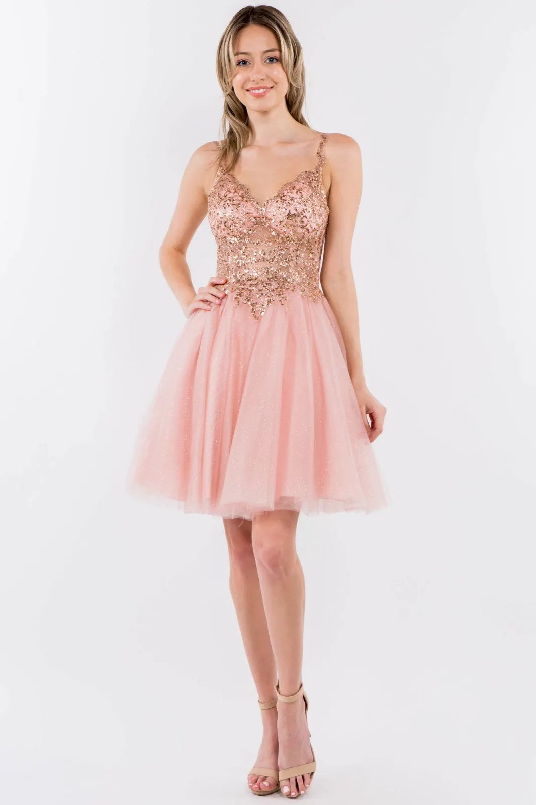 Sequin and Glitter Embellished Sheer Bodice V-Neck Short Dress by Tux-USA