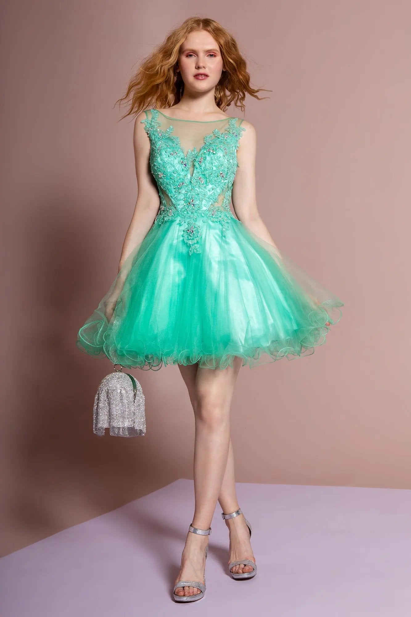 Rolled Hem Short Dress With Sheer Bodice By Tux USA For Glamorous Formal Events by Tux-USA
