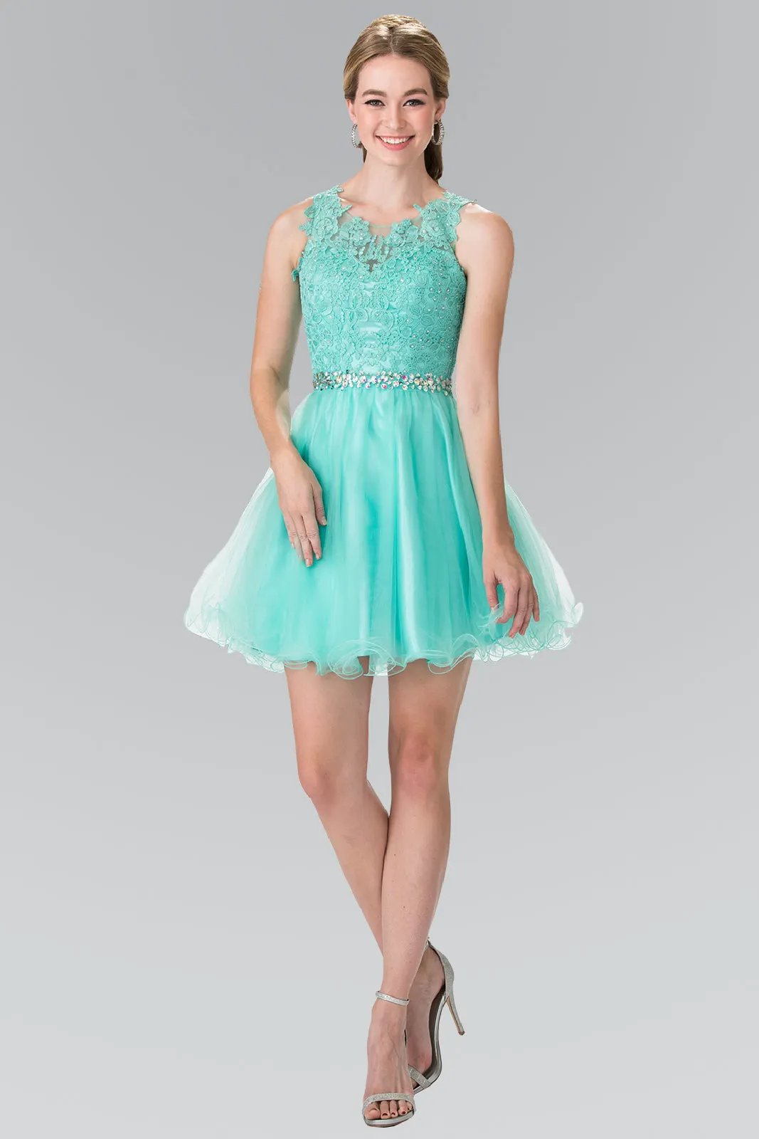 Lace Illusion Top A-line Short Dress with Beaded Waist by Tux-USA