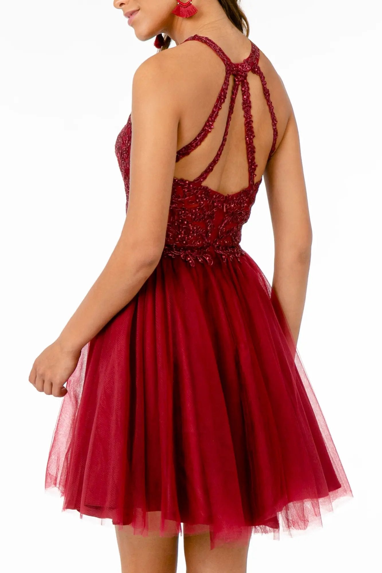 Jewel Embellished Embroidery Tulle Short Dress w/ Strap Back by Tux-USA