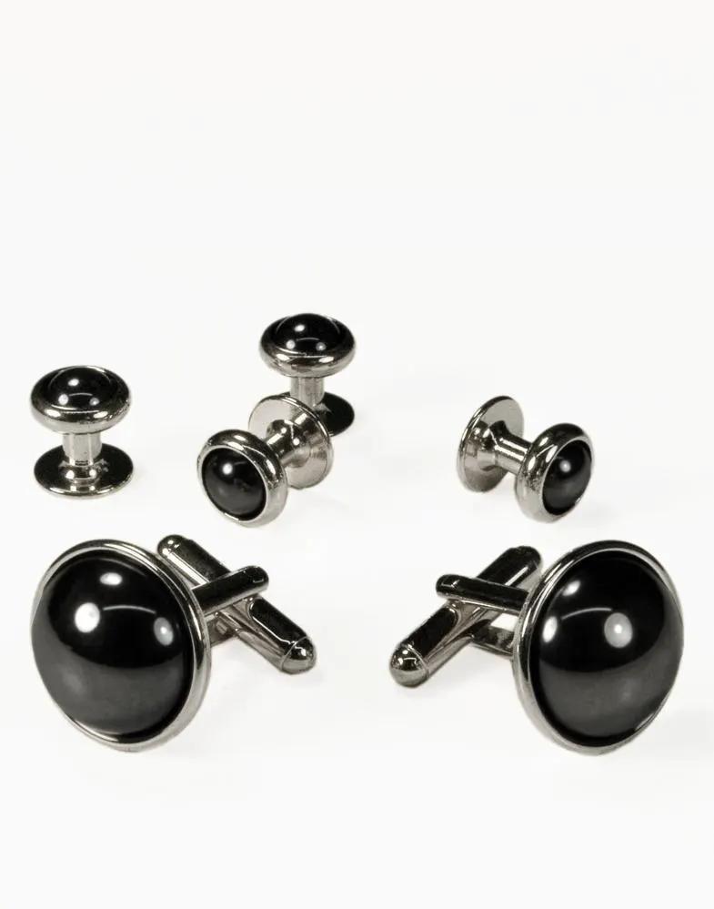 Hematite Dome with Gold or Silver Trim Studs and Cufflinks Set by Tux-USA