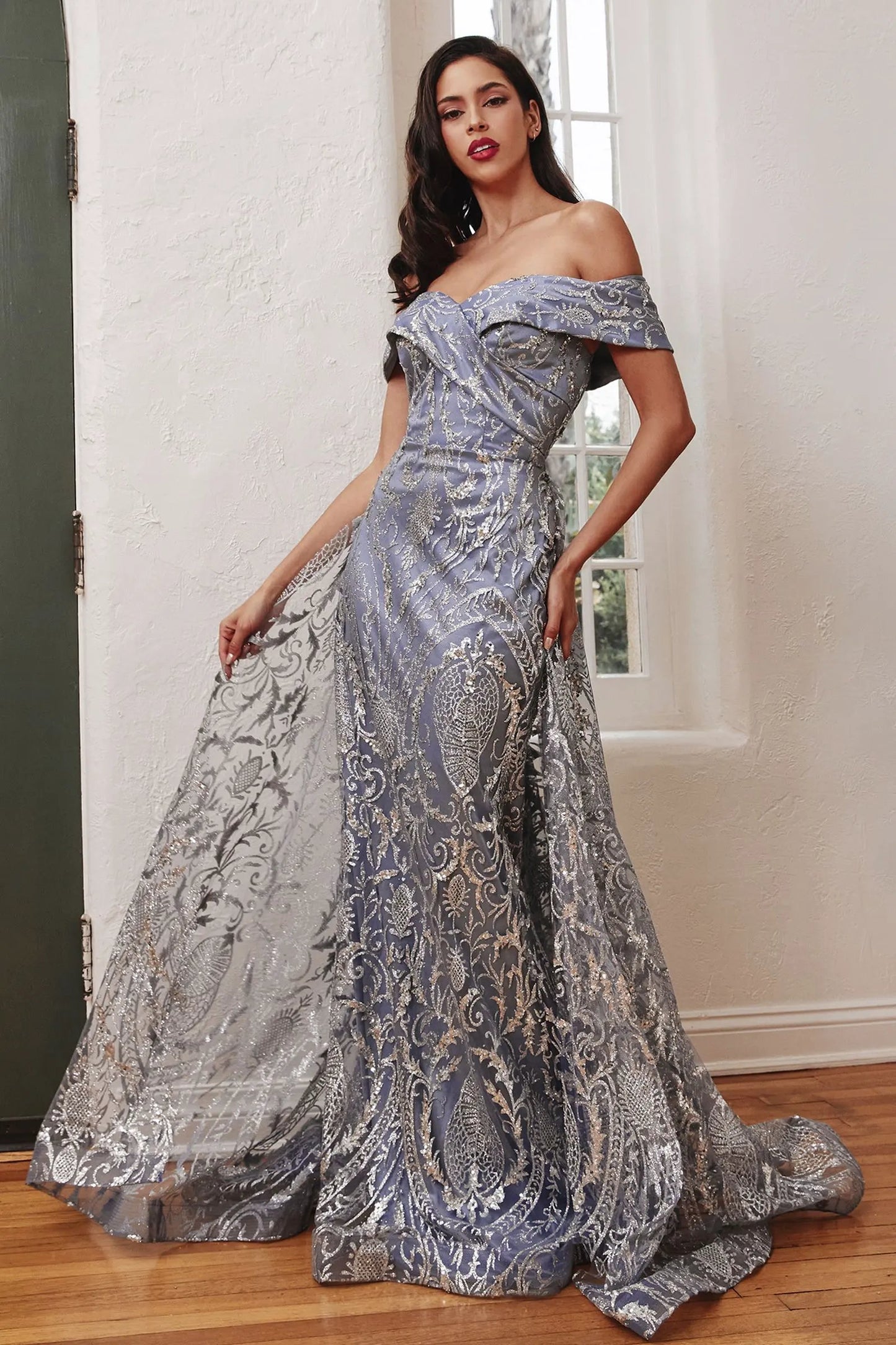 Off The Shoulder Lace Gown With Over Skirt by Partner Label