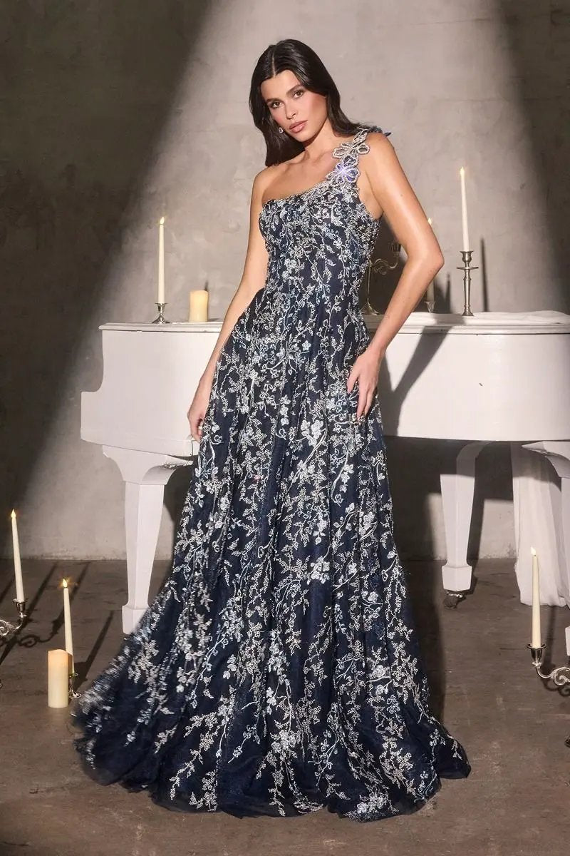A-Line Gown the One-Shoulder Neckline Three-Dimensional Floral Appliqué by Tux-USA