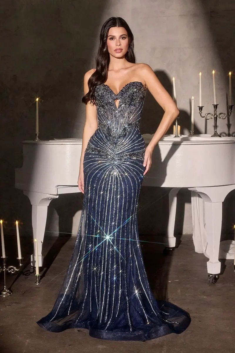 Strapless Silver Embellished Gown by Tux-USA
