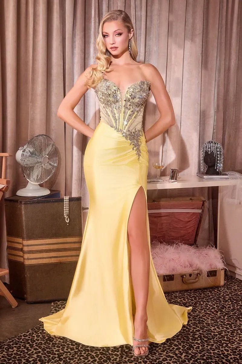 Off-The-Shoulder Satin Fitted Gown Beaded Bodice High Slit by Tux-USA