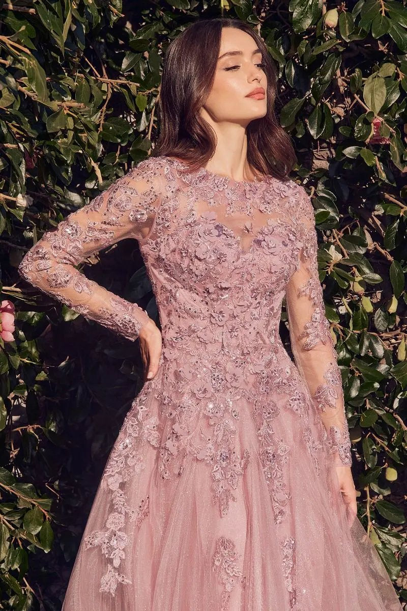 Lace Layered Tulle Long Sleeve Gown by Tux-USA