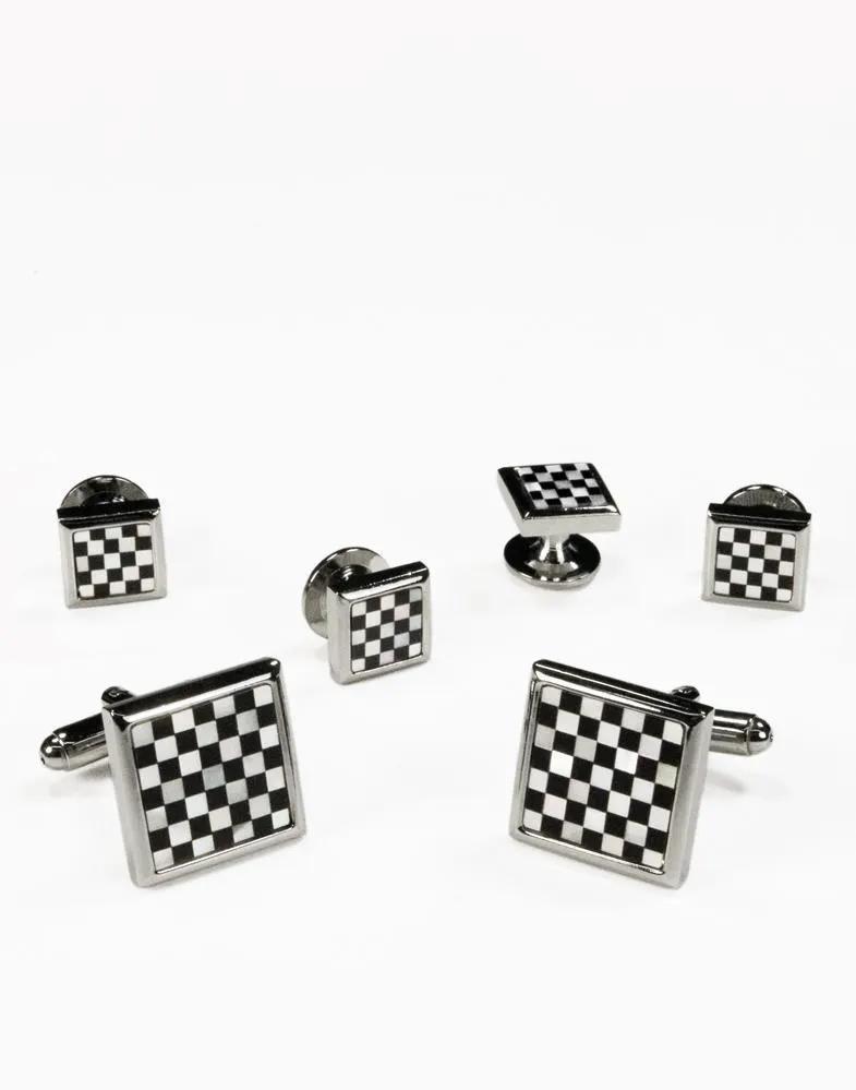Mother of Pearl Checkerboard with Gold or Silver Trim Studs and Cufflinks Set by Tux-USA