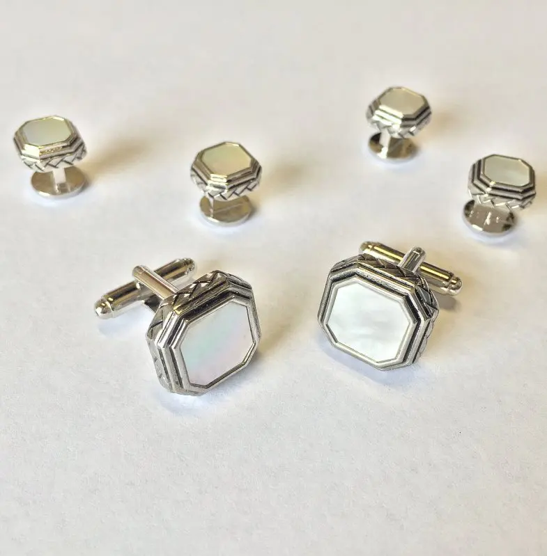 Octagon Mother of Pearl with Antique Silver Edge Studs and Cufflinks Set by Tux-USA
