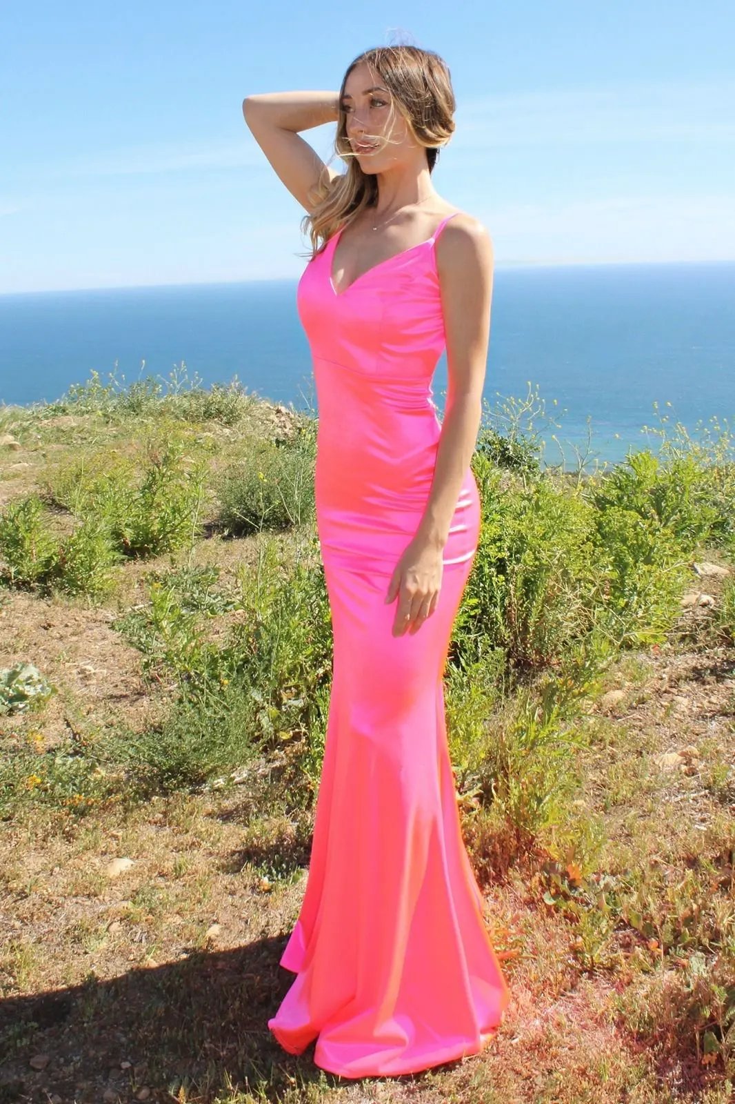 Neon Fitted Satin Dress by Tux-USA