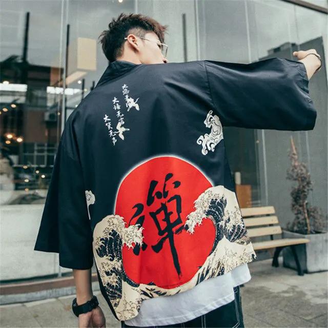 Japenese Words Wave Print Cardigan Kimono Jacket Japanese Harajuku Women Men Streetwear Traditional Top by Vimost Shop