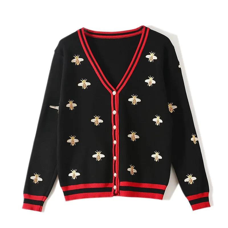 High Quality Fashion Designer Bee Embroidery Cardigan Long Sleeve Single Breasted Contrast Color Button Knitted Sweaters by Vimost Shop