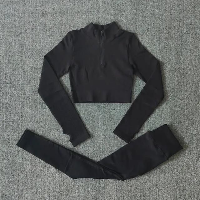 Seamless Yoga Set Zipper Long Sleeve Sport Suit Drawstring High Waist Gym Leggings Workout Clothes For Women Sportswear by Vimost Shop