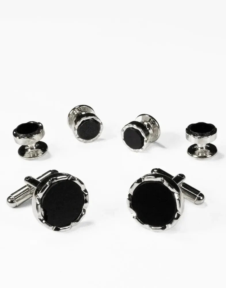 Black Circular Onyx with Diamond Cut Edge Studs and Cufflinks Set by Tux-USA