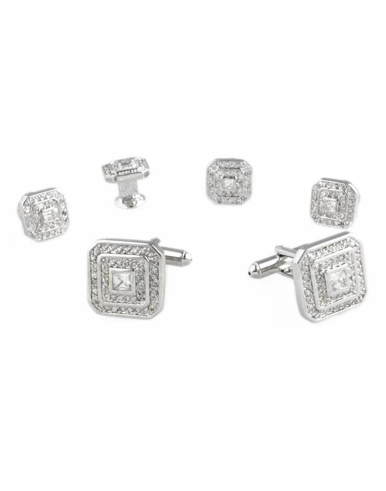 Square CZ with Silver Trim Studs and Cufflinks Set by Tux-USA