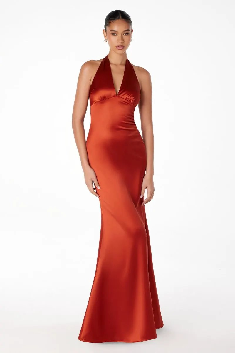 Halter V-Neck Satin Mermaid Dress Sleek Body-Skimming Fit For Women By Tux-USA by Tux-USA
