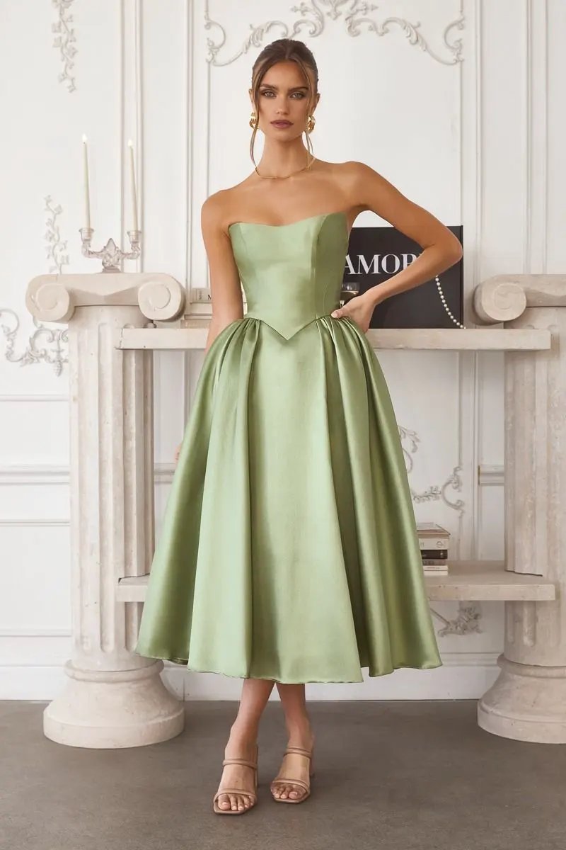 Strapless Mikado Midi Dress with Sculpted Bodice and Voluminous Skirt by Tux-USA