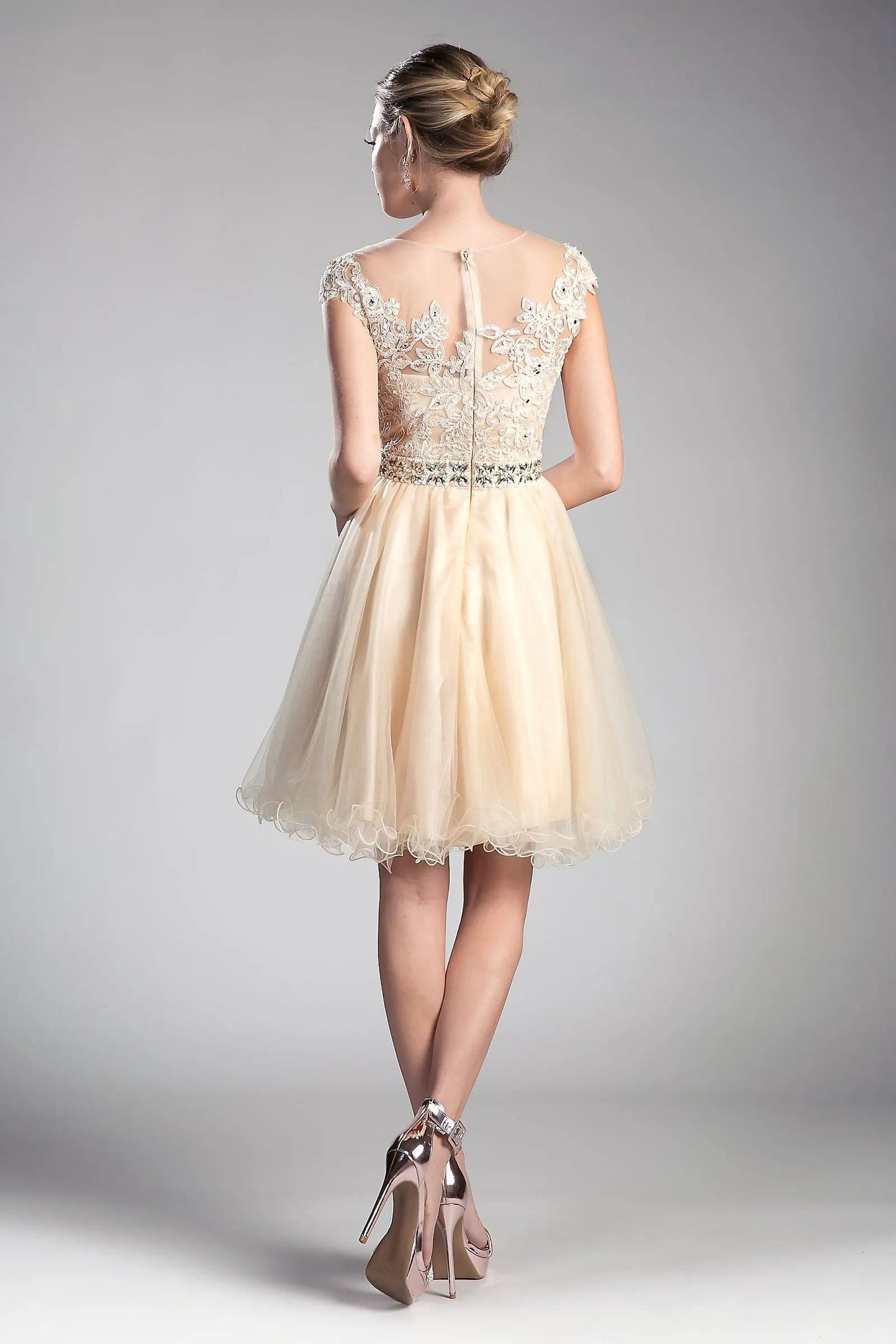 Beaded Lace Bodice Tulle Short Dress by Partner Label
