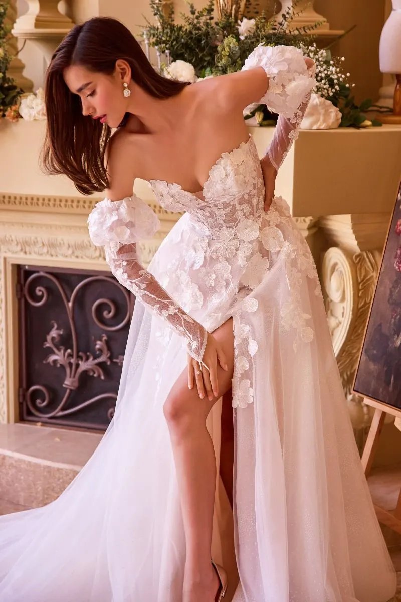Floral Applique Adorned Strapless Wedding Gown by Tux-USA