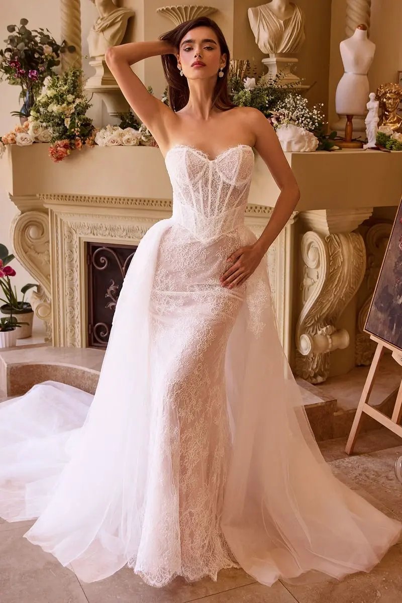 Fitted Lace Wedding Dress & Removable Overskirt by Tux-USA