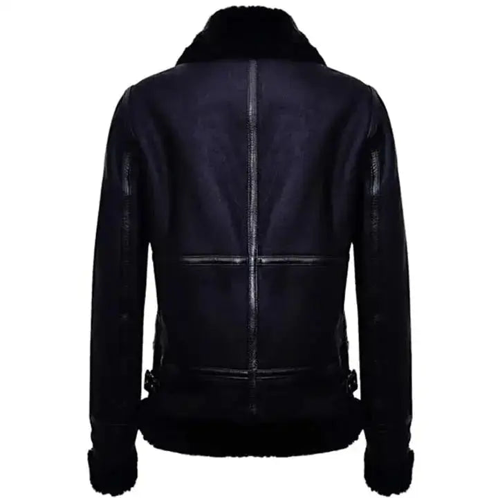 Women’s Black Sheepskin Shearling Aviator Biker Jacket-1