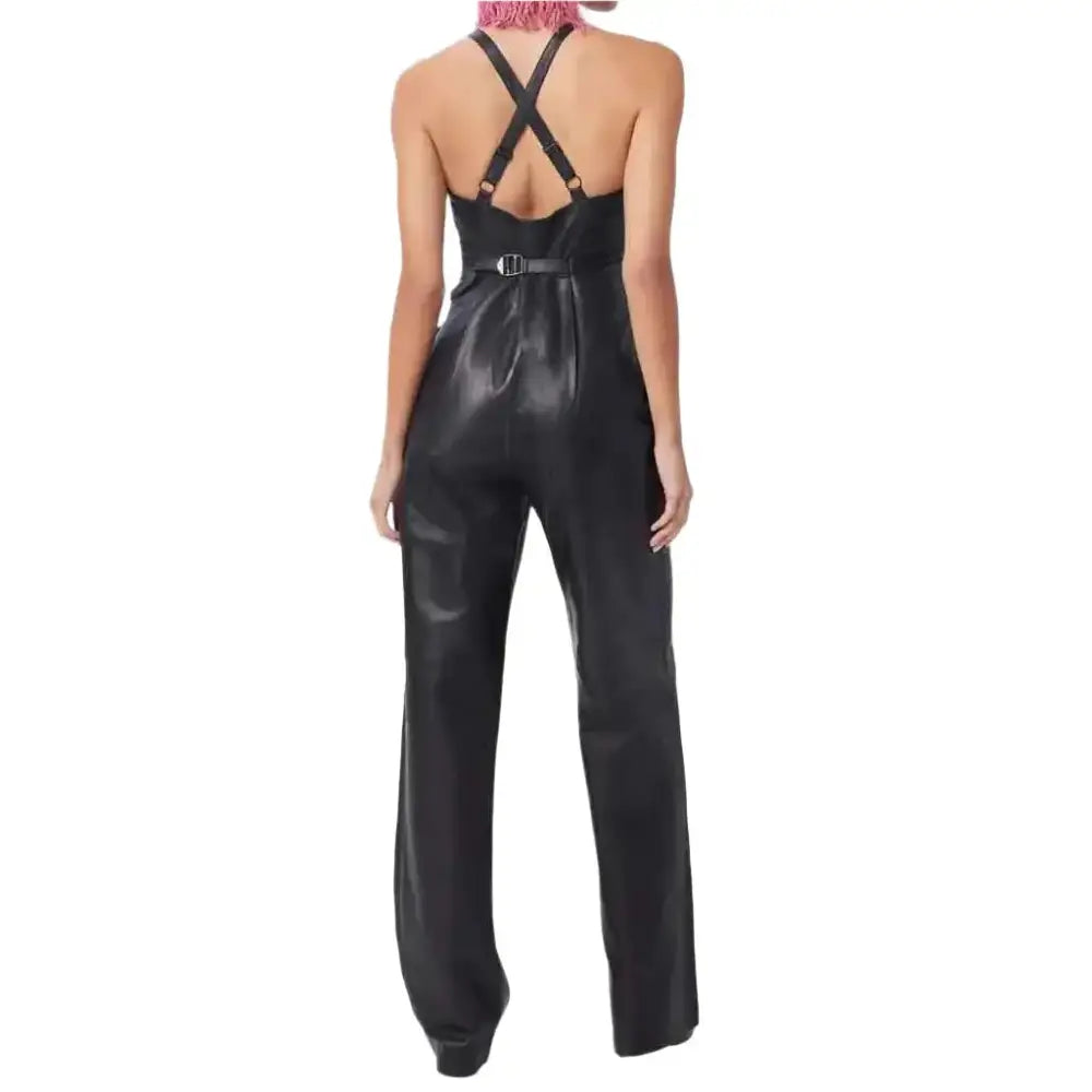 Women’s Black Leather Straight Leg Jumpsuit-1