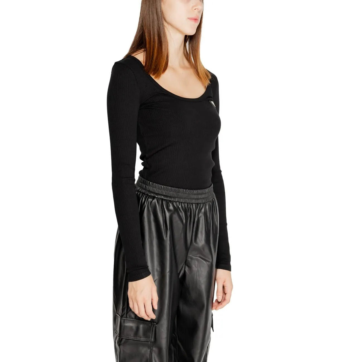 Guess Active Women's Colette Black Ribbed Long Sleeve Top