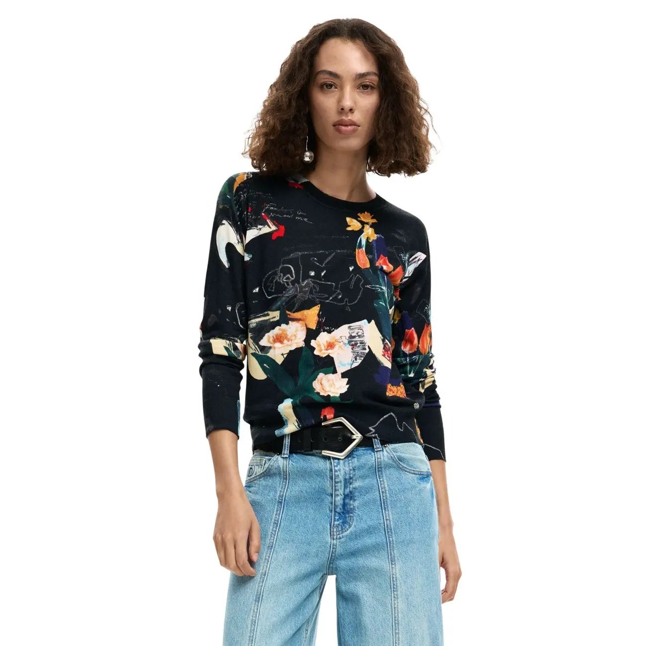 Desigual Women Stunning Floral Printed Knitwear Summer Top Long Sleeve by Desigual