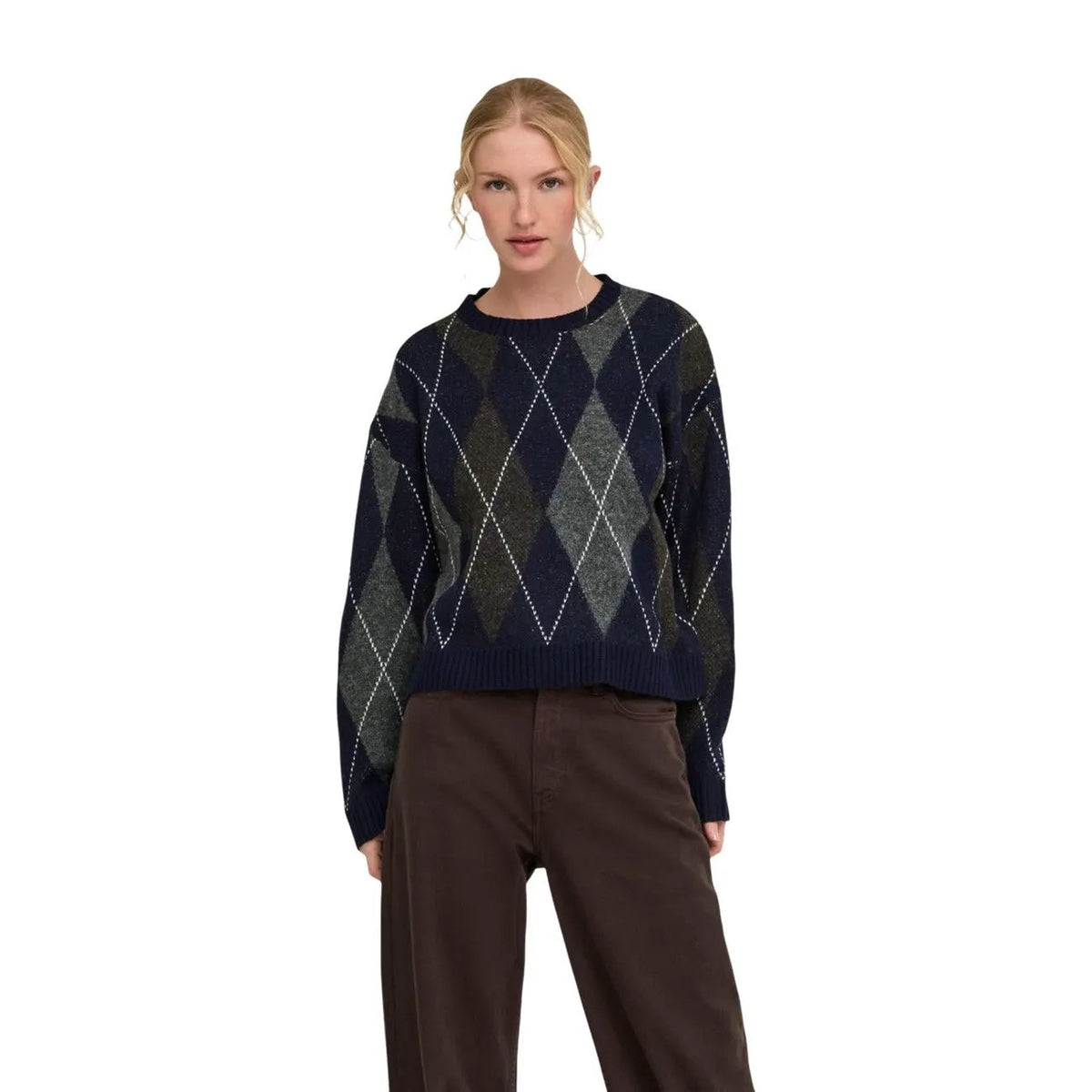 Only Women's Rhombus Blue Argyle Sweater