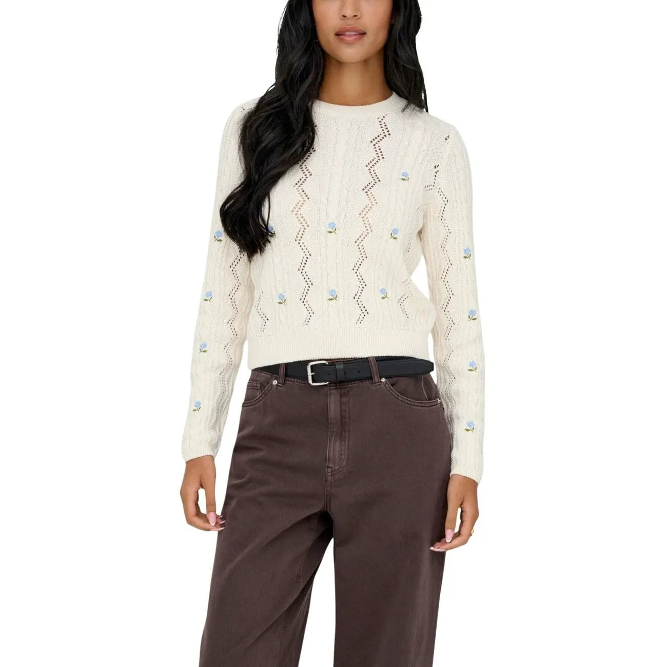 Only Women Cozy White Floral Cable Knit Sweater Long Sleeve Round Neck by Only