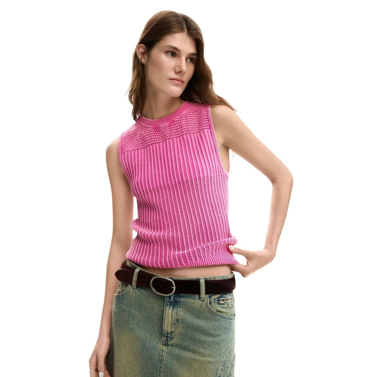 Desigual Women Stunning Beige Sleeveless Knit Top Breathable Cotton Blend by Desigual