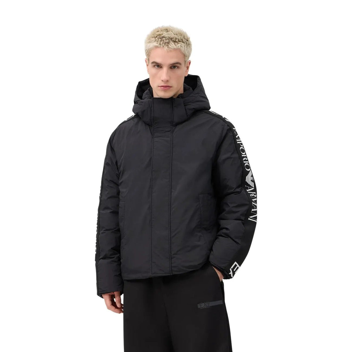 EA7 Men's Black Nylon Hooded Jacket