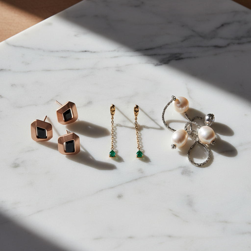 Earrings collection featuring sculptural gold designs displayed on a pedestal with geometric shapes and warm lighting.