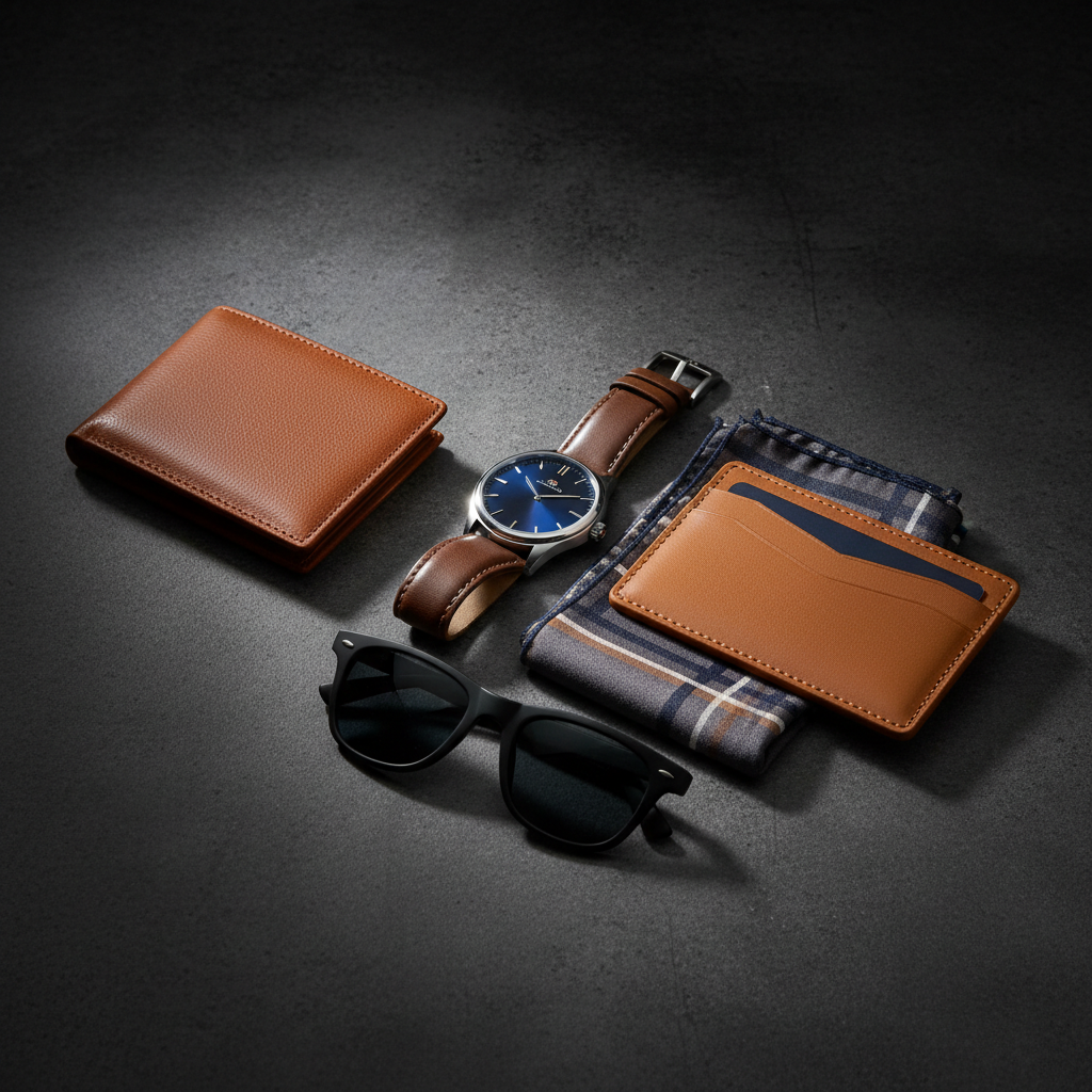 Accessories Collection: a grid of everyday items including wallets, belts, shoes, and fabric swatches.