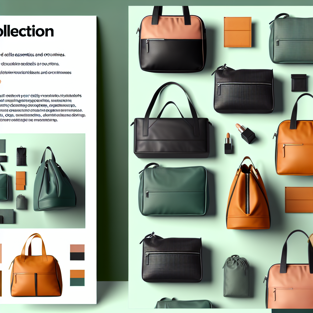 Bags Collection: assortment of structured totes, crossbody bags, and pouches in green, orange, and black.